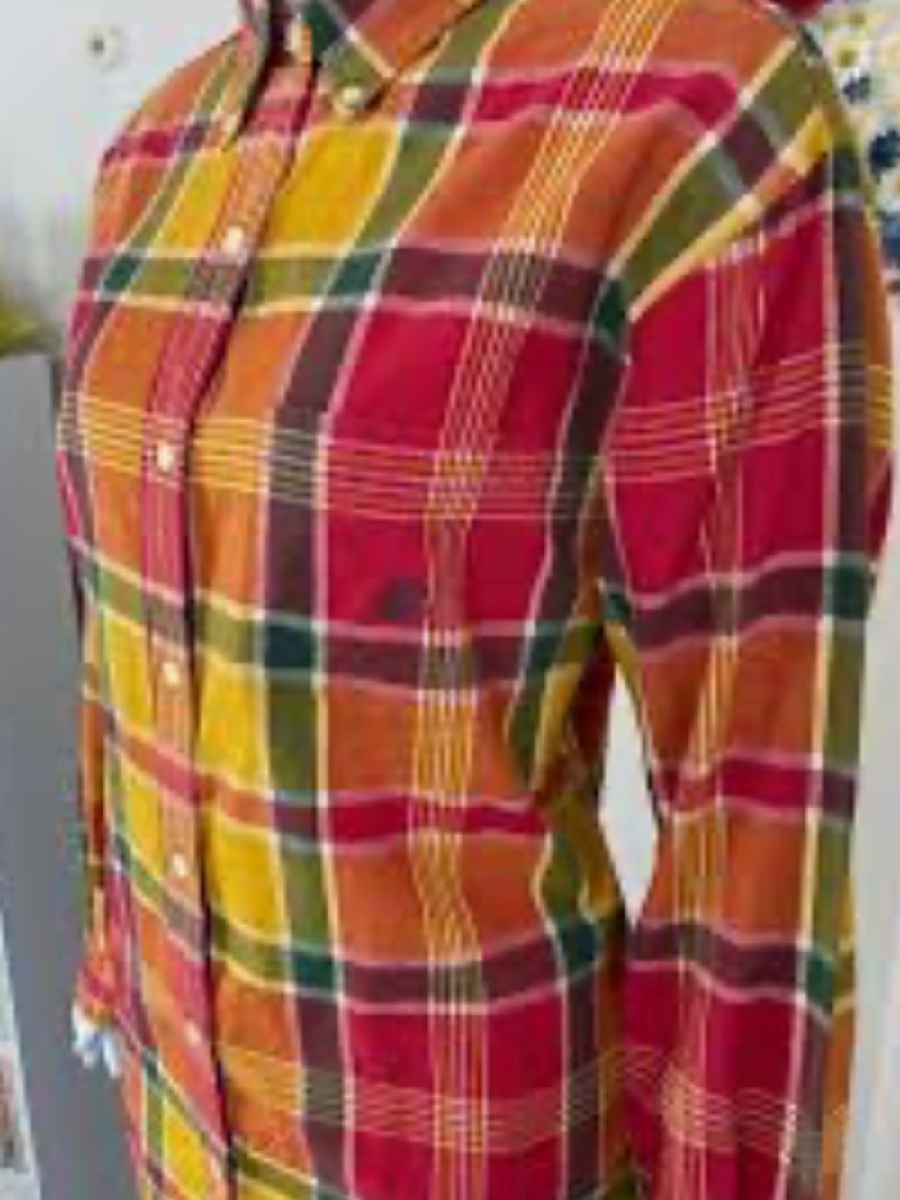 TOAD AND CO Bright Plaid Button-Up Shirt in Red, Orange & Yellow! M